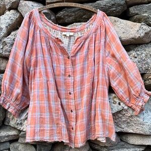 Jade by Jane Plaid Lined Peasant Top Size L Oversized Soft Boho Raw Edge